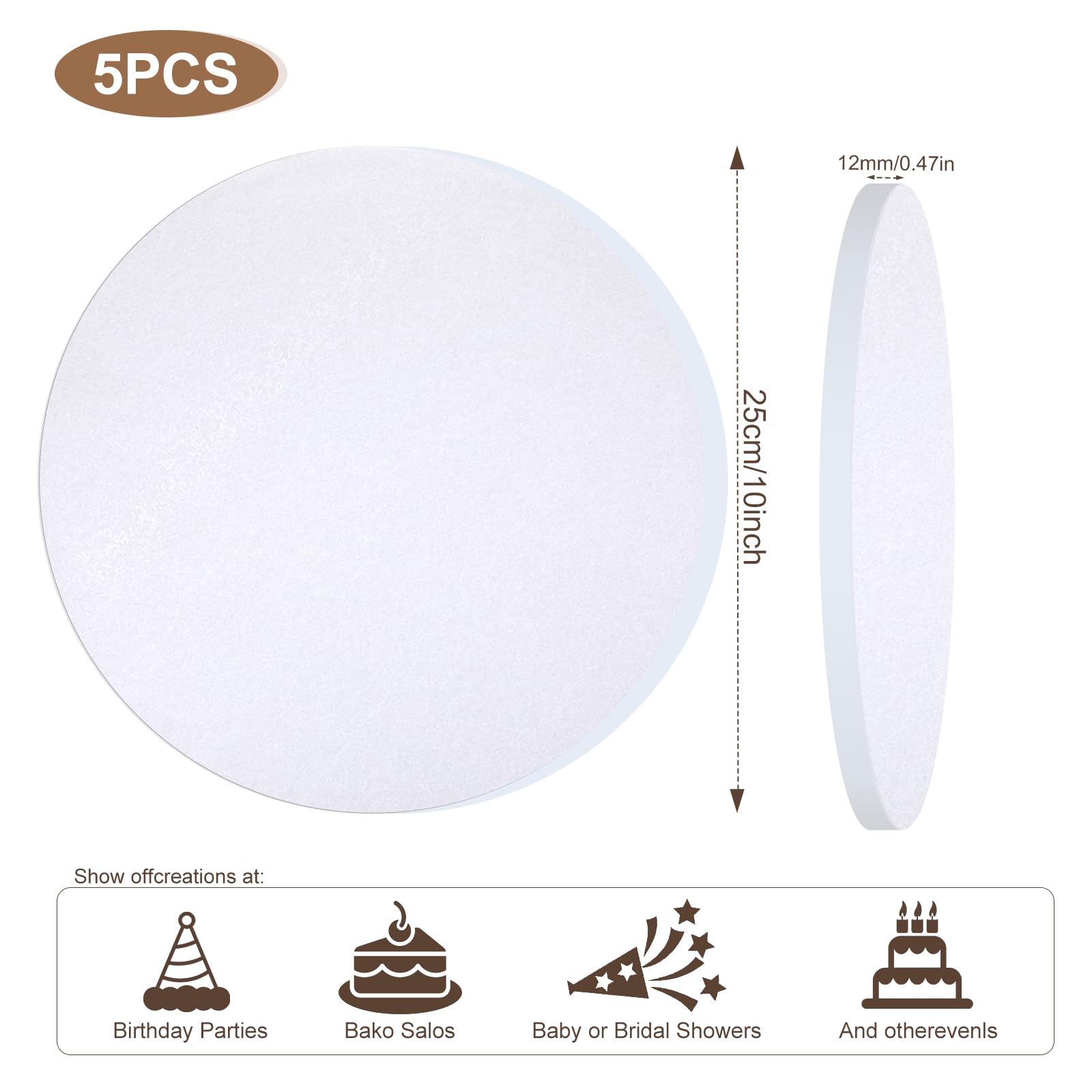 5 Pièces Support Gateau Rond 25 Cm,Cake Board,Plateau Gateau 25 Cm X 12 Mm,Réutilisable Pour Gâteaux, Plat à Gâteau Rond Pour Gâteaux Et Desserts De 6-9 Pouces