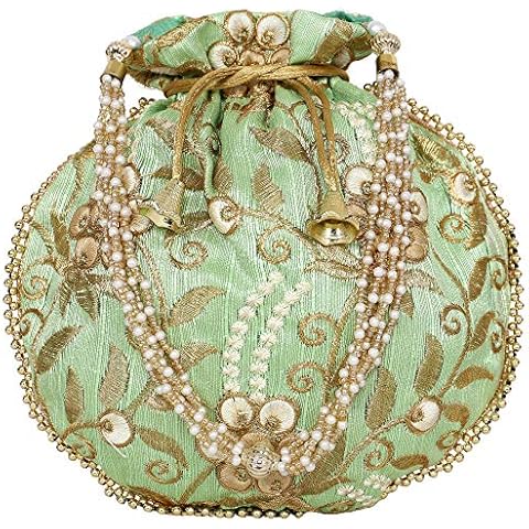 Indian Ethnic Potli bag Ladies Handbag Purse for Bridal Batwa Pearls Handle Purse Clutch Purse for Women, Parrot Green, M Cover