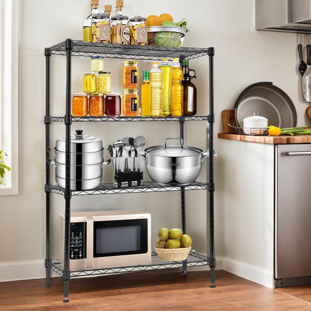 4 Tier Storage Shelves Metal Shelving Units, 1000 Lbs Capacity Wire Shelf Storage Rack Utility Shelf with Adjustable Feet, Heavy Duty Shelving Unit for Pantry Garage Kitchen, 36"Lx14"Wx54"H, Black