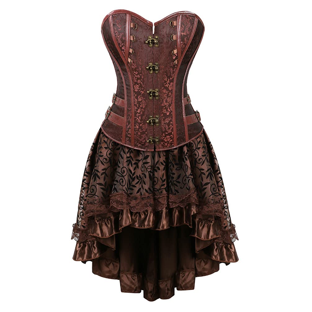 Hengzhifeng Pirat Corsage mit Rock Damen Retro Korsage Kostüm | Steampunk Corsage Korsett Übergrößen, mit Spitze Asymmetrisch Rock Tüllrock