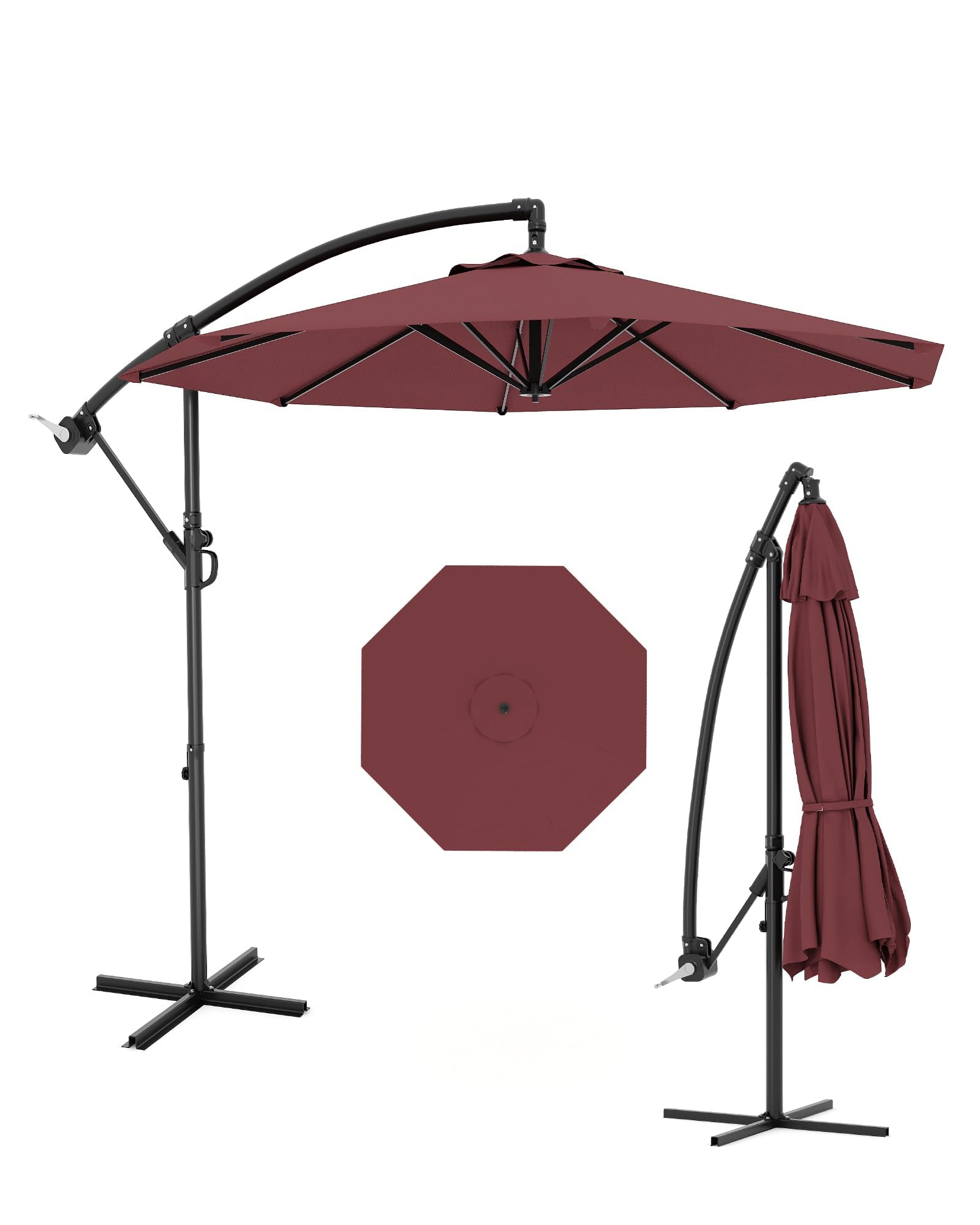 Garvee 3M Garden Cantilever Parasol, Outdoor Offset Banana Hanging Umbrella with Crank Handle & Tilt, UV Protection, Sun Shade Canopy, Outdoor Parasol for Terrace, Garden, Pool, Red