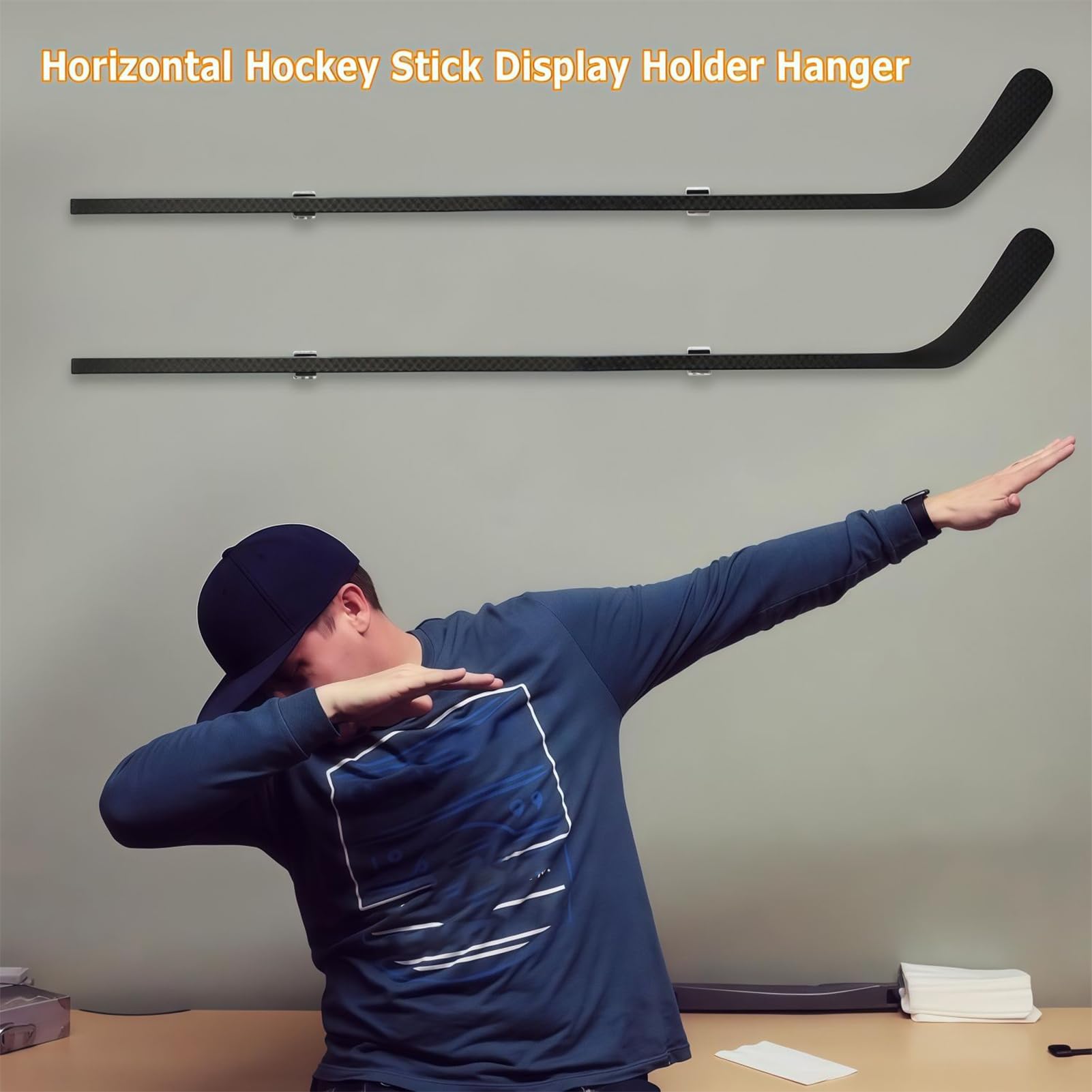 2-Piece Horizontal Hockey Stick Wall Mount Hook - Sport Equipment Holder with Anti-Scratch Pad for Garage Storage