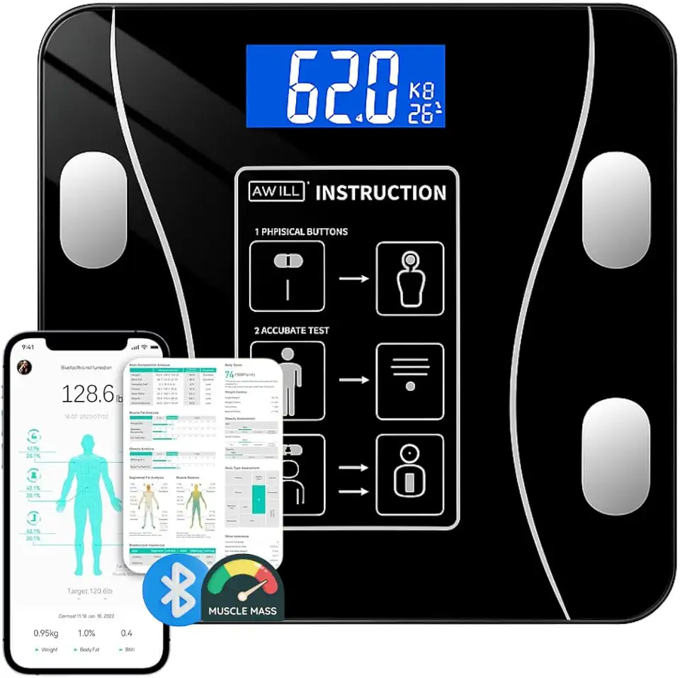 Balança Digital Corporal com Bioimpedancia de Chão Mede Composição Corporal Gordura Massa Muscular e IMC Aplicativo Bluetooth iOS Android 180kg Vidro Temperado