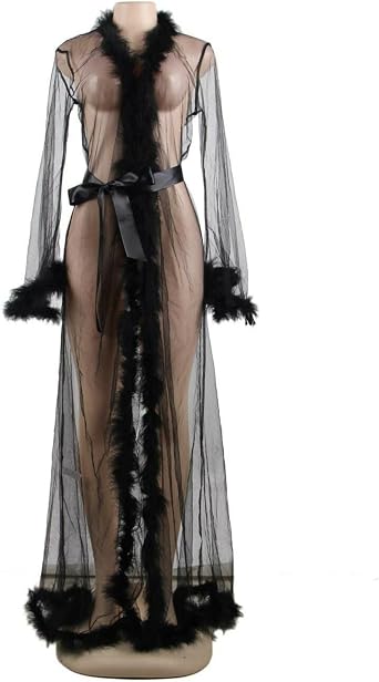 Women's Sheer Mesh Feather Trim Dressing Gown Long Kimono Robe