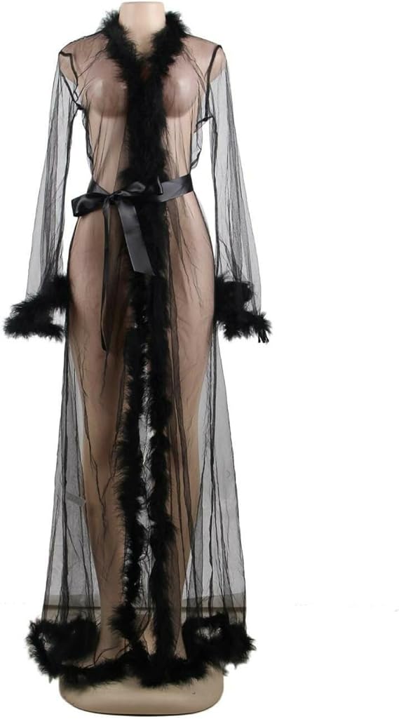 Women's Sheer Mesh Feather Trim Dressing Gown Long Kimono Robe