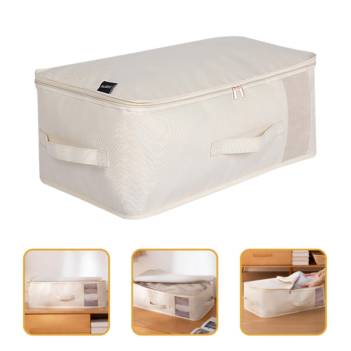 Gatuida Caja de Almacenamiento Plegable Beige Grande para Cama | Ventana Transparente, Oxford, Malla de Nailon y Pe, Cierre Cremallera, Armario Cama