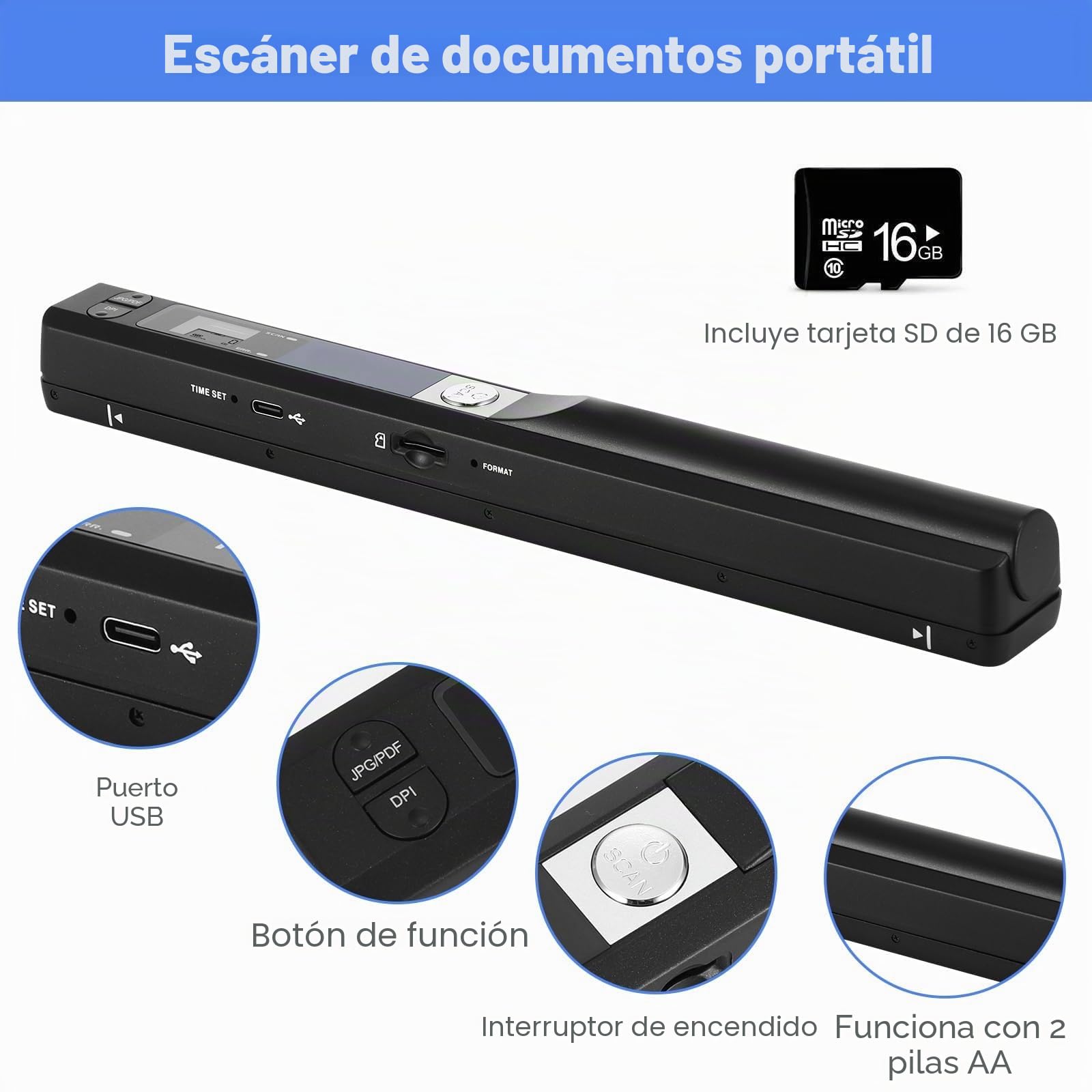 Escáner de Documentos portátil 900 dpi, Escáner de Fotos A4 Recargable por USB con Tarjeta SD 16GB