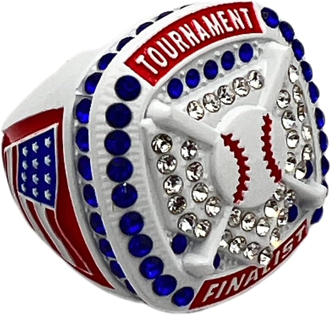 Discount Sports Rings HOME PLATE FINALIST RING — WHITE BODY, BLUE STONES, RED SIDES, NATIONAL Premium Softball Baseball Ring/Player/Team Awards/Tournament Ring 10-5