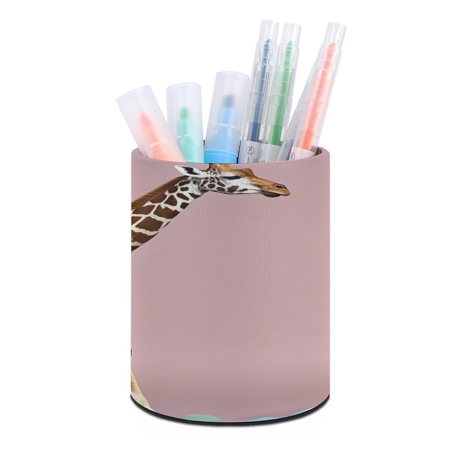 FekiLoot Round Cherry Giraffe Pen Holder for Desk PU Leather Waterproof Pencil Cup Stand Minimalist Makeup Brush Storage Organizer Desktop Stationery Container Accessorires