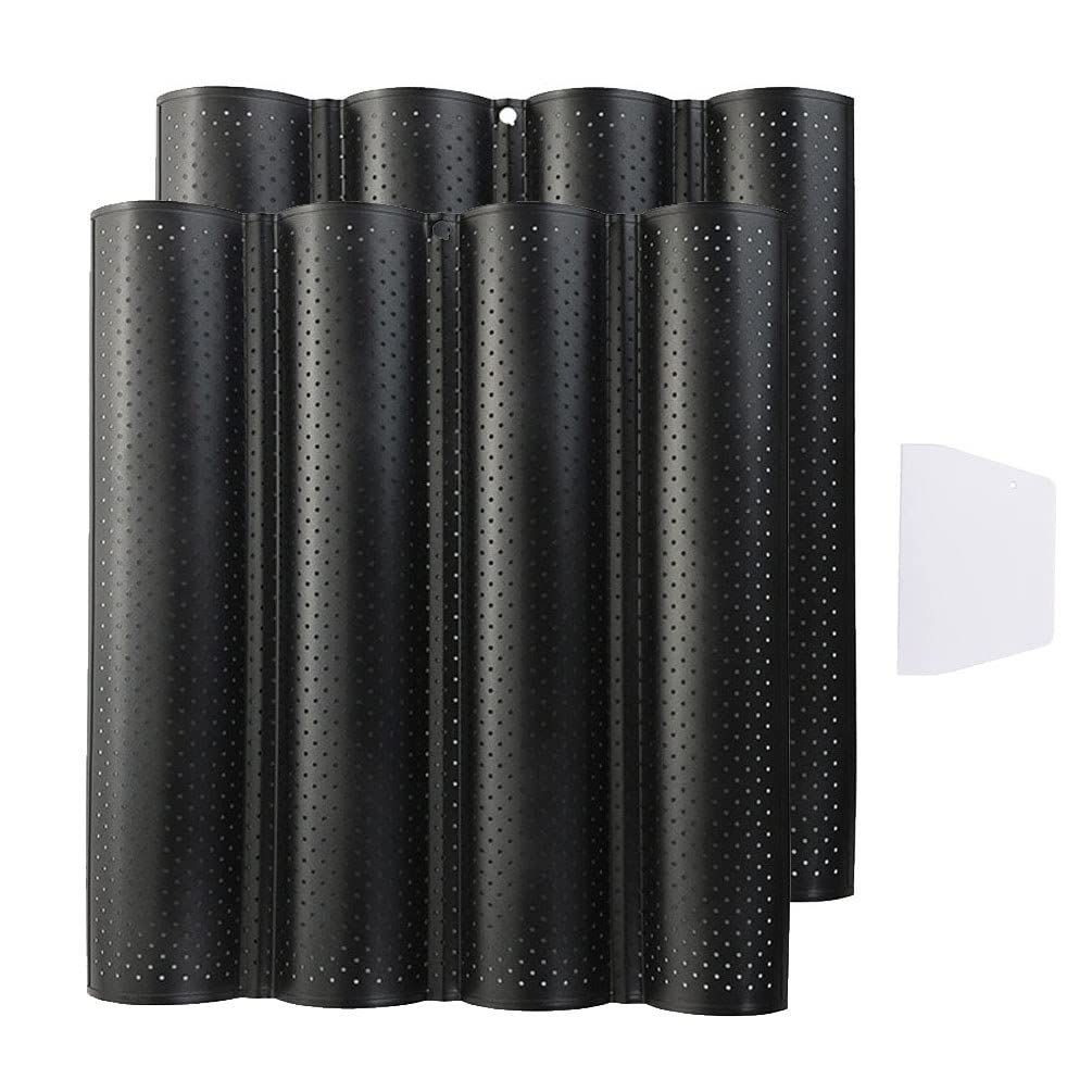 Perforiertes französisches Baguette-Backblech, 4-wellig, 2er-Set, mit Teigschaber für Profi- und Heimbäcker, schwarz