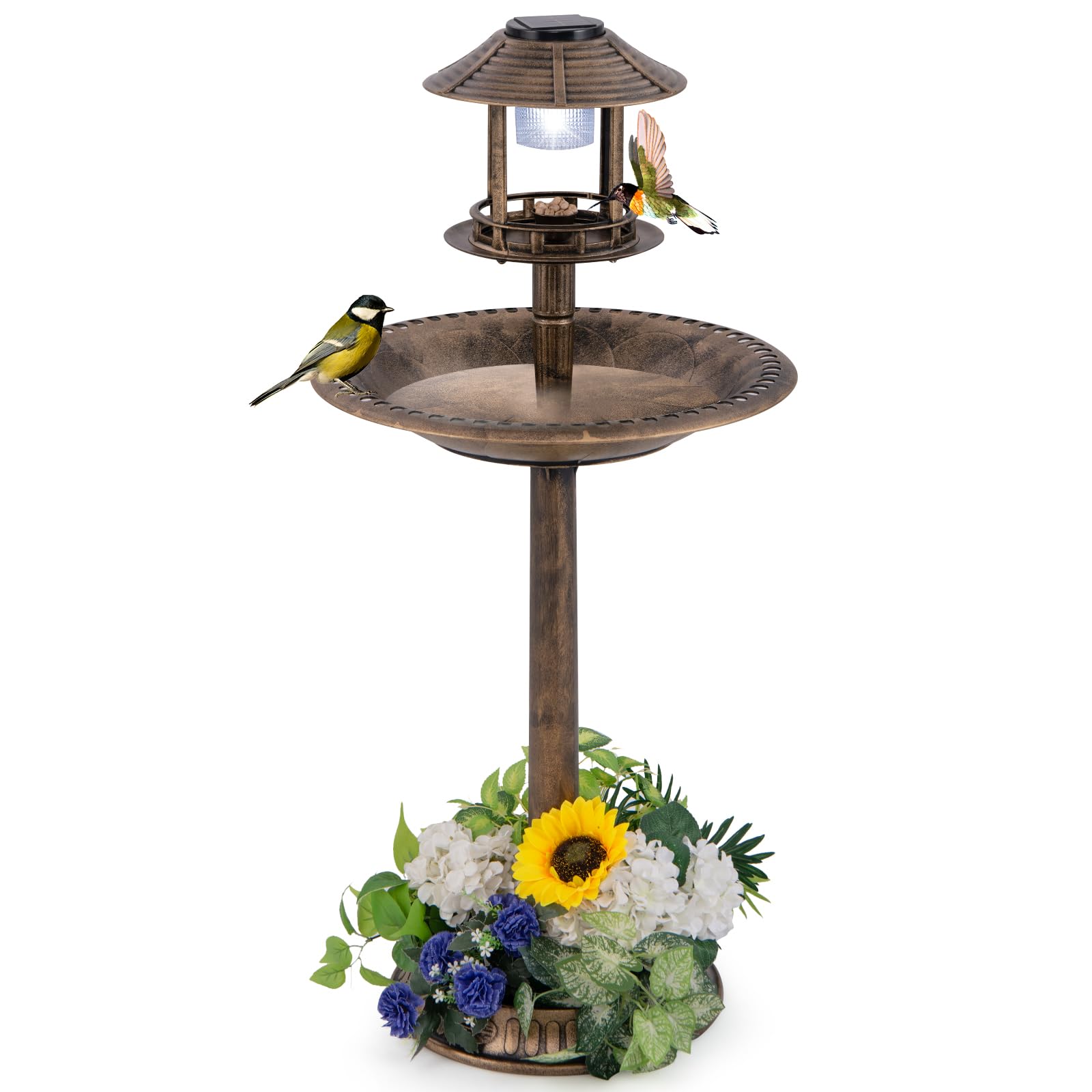 GYMAX Vogeltränke stehend mit Solarleuchte, Vogelbad Garten mit Blumenkübel & befüllbarem Ständer, Wasserschale Vögel, Futterstation für Balkon & Garten, Nr. 1 Antikbronze