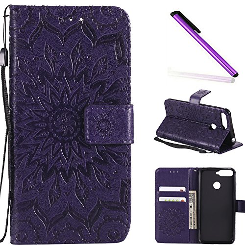 HMTECH Huawei Honor 7A case Huawei Y6 2018 case Sun Flower Embossed Floral Wallet Case Card Slots Kickstand PU Leather Flip Stand Cover for Huawei Honor 7A Huawei Y6 2018 KT Mandala Purple