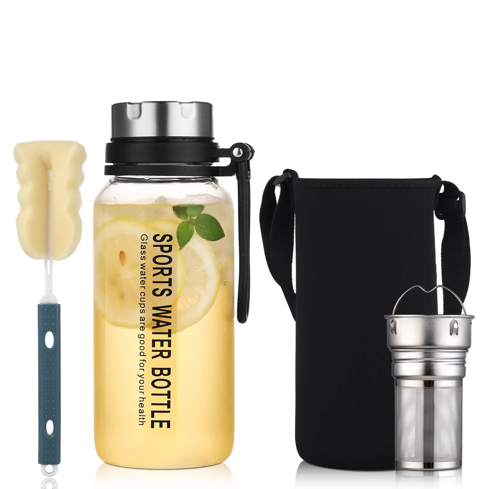 HOYUANSU Glas-Tee-Flasche 1000 Ml – Mit Teesieb, Auslaufsicherem Deckel & Schutzhülle