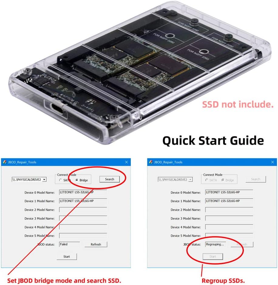xiwai Dual NGFF B+M-Key M.2 SSD Card JOBD Raid0 Span Bridge to USB3.0 Type-C USB-C 2.5inch SATA Combo Enclosure
