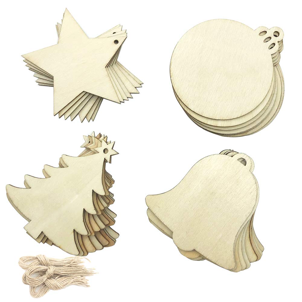 GOIYZTTR 40 Piezas Adornos Colgantes de Madera de Navidad, Adornos de Arbol de Madera con 40 Cordeles para Etiquetas de Regalo, Decoración de Árbol de Navidad, 4 Estilos