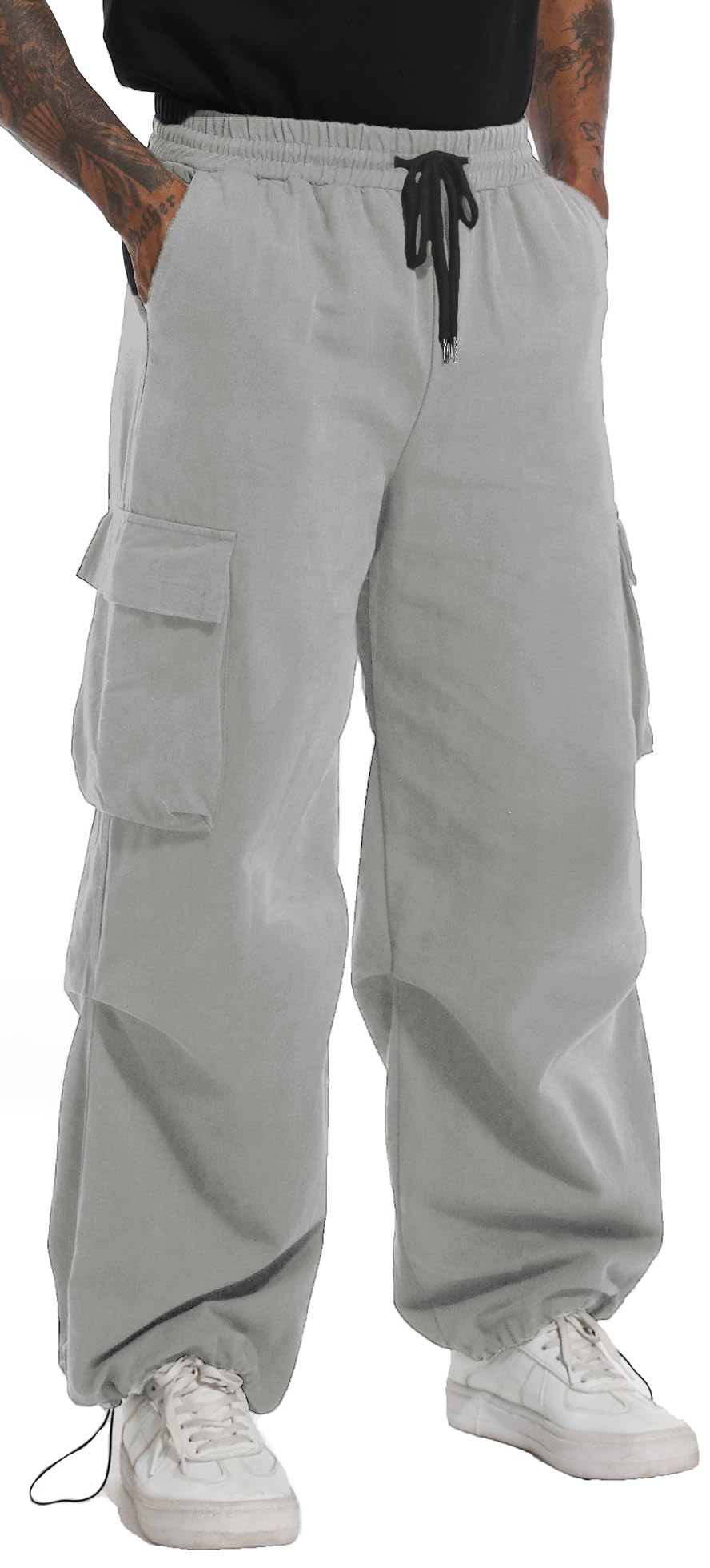 AITFINEISM Men's Casual Cargo Pant Elastic Waist Drawstring Streetwear Parachute Pants