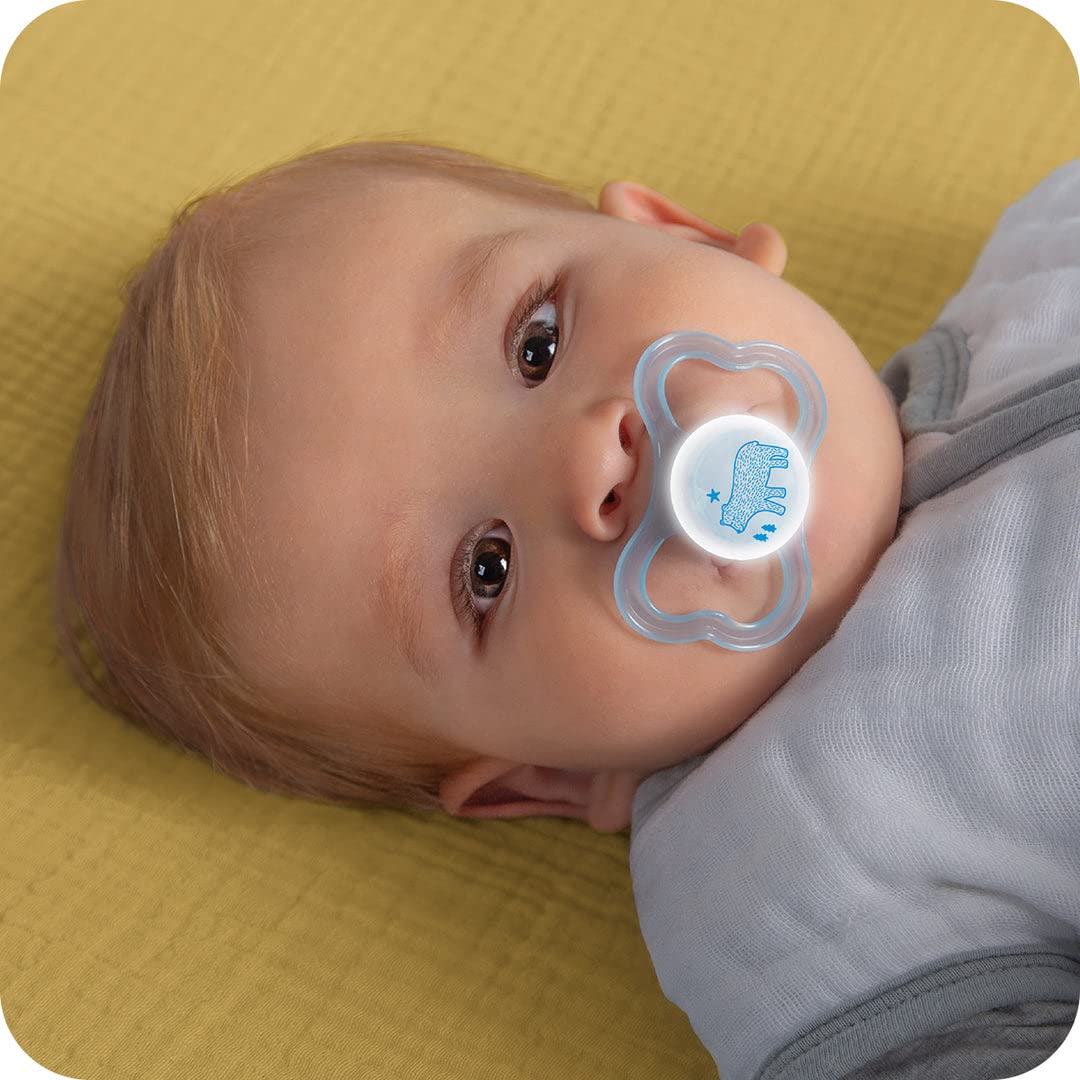 MAM Latex Air Night Soothers 12 Months+ (Pack of 2), Glow in the Dark Baby Soothers with Self Sterilising Travel Case, Newborn Essentials, Pink, (Designs May Vary)