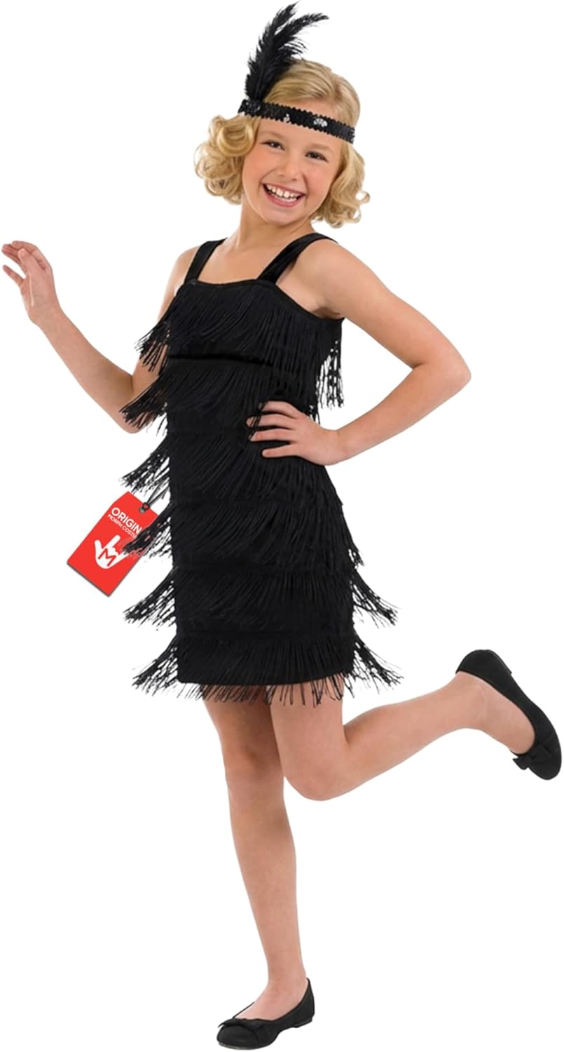 fun shack Girls X-Large Flapper Dress, 100% Polyester, Pull On, Halter Neck, Black, Costume Outfit for Big Girls, Ages 12-14 Years