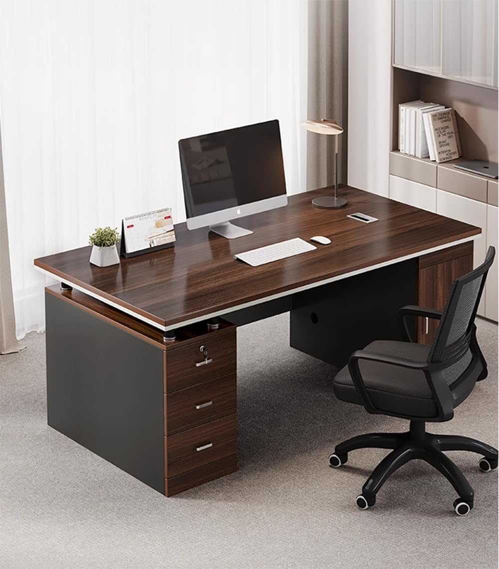 LITFAD Office Desk Modern Computer Desk Brown Wood Writing Desk with Black Sled Base, Locking Drawer, and Cabinet Home Office Furniture - Without Chairs 55" L x 24" W x 30" H