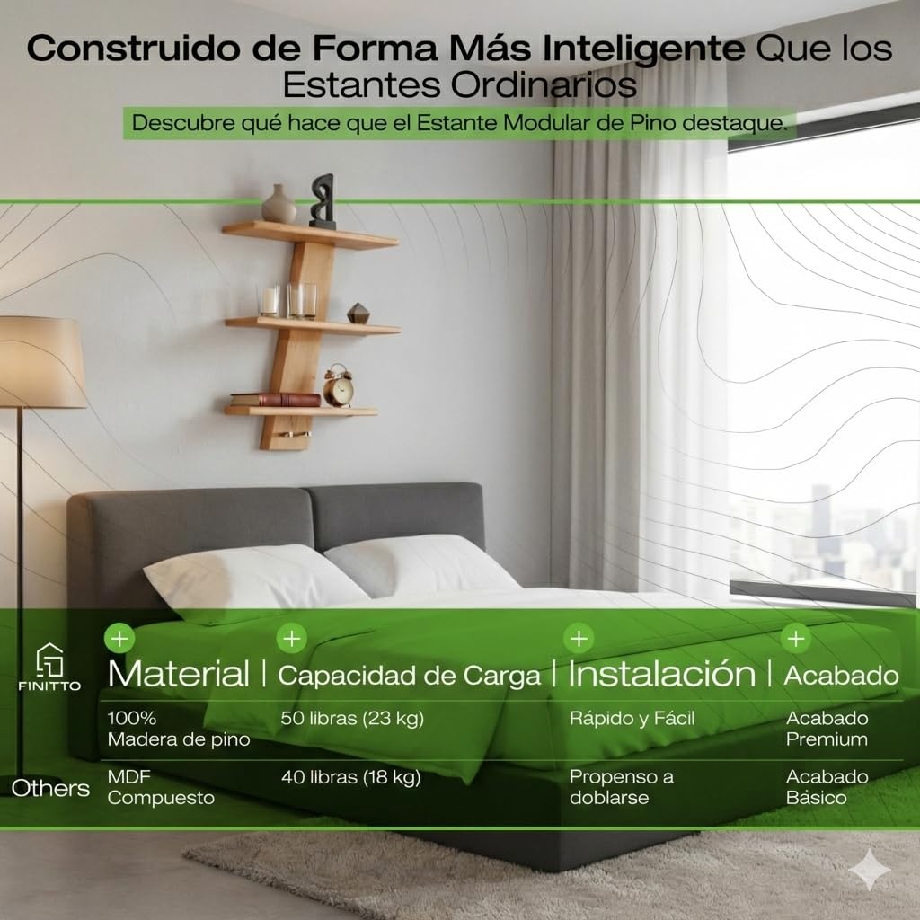 Luce Estantería Pared Madera Pino Maciza (58x58cm) | Incluye Nivel | Balda Flotante Modular con Ganchos Latón para Recibidor y Baño | Estructura Robusta para Libros y Decoración