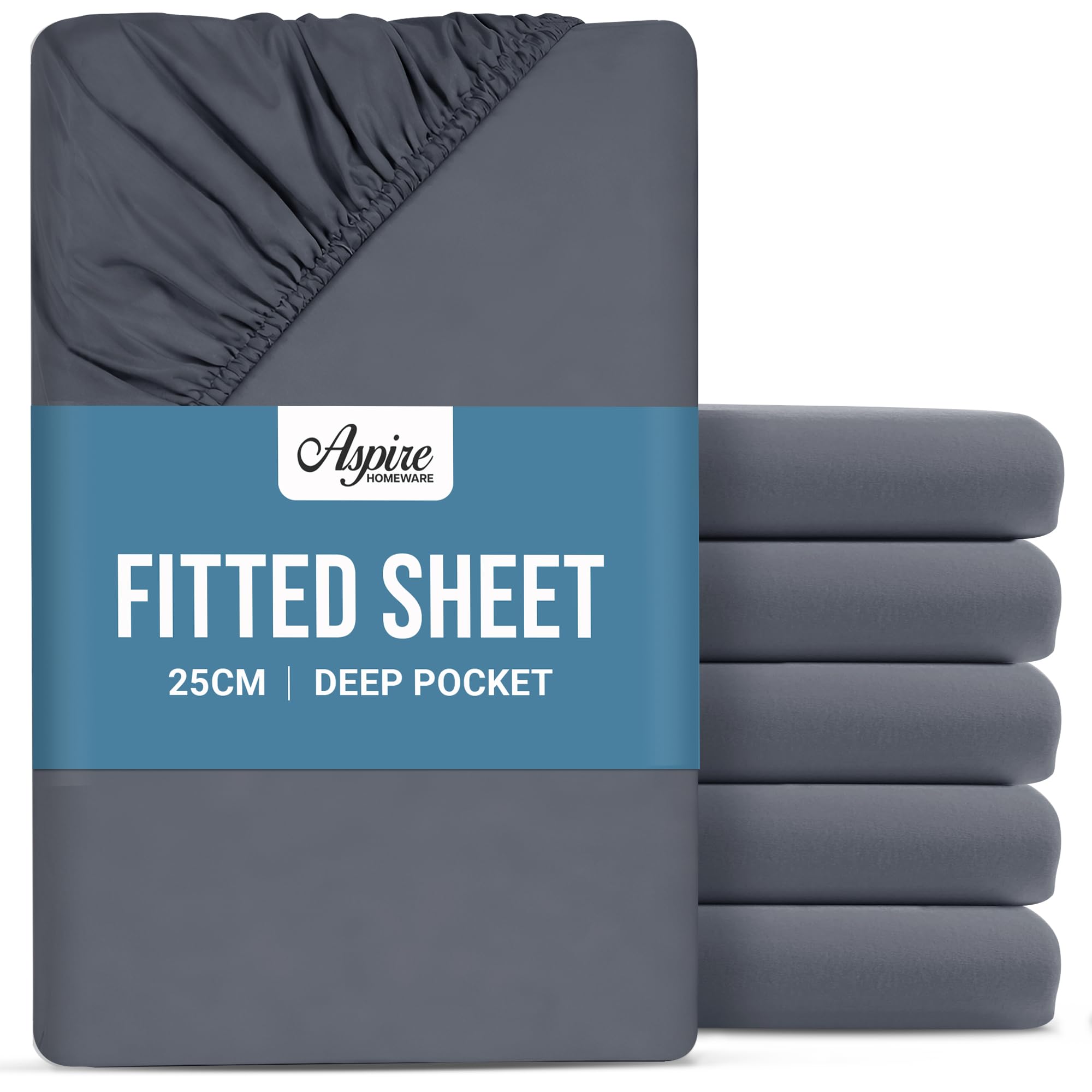 Aspire Homeware Small Double Fitted Sheet - 25cm Deep 6 Pack (Charcoal)