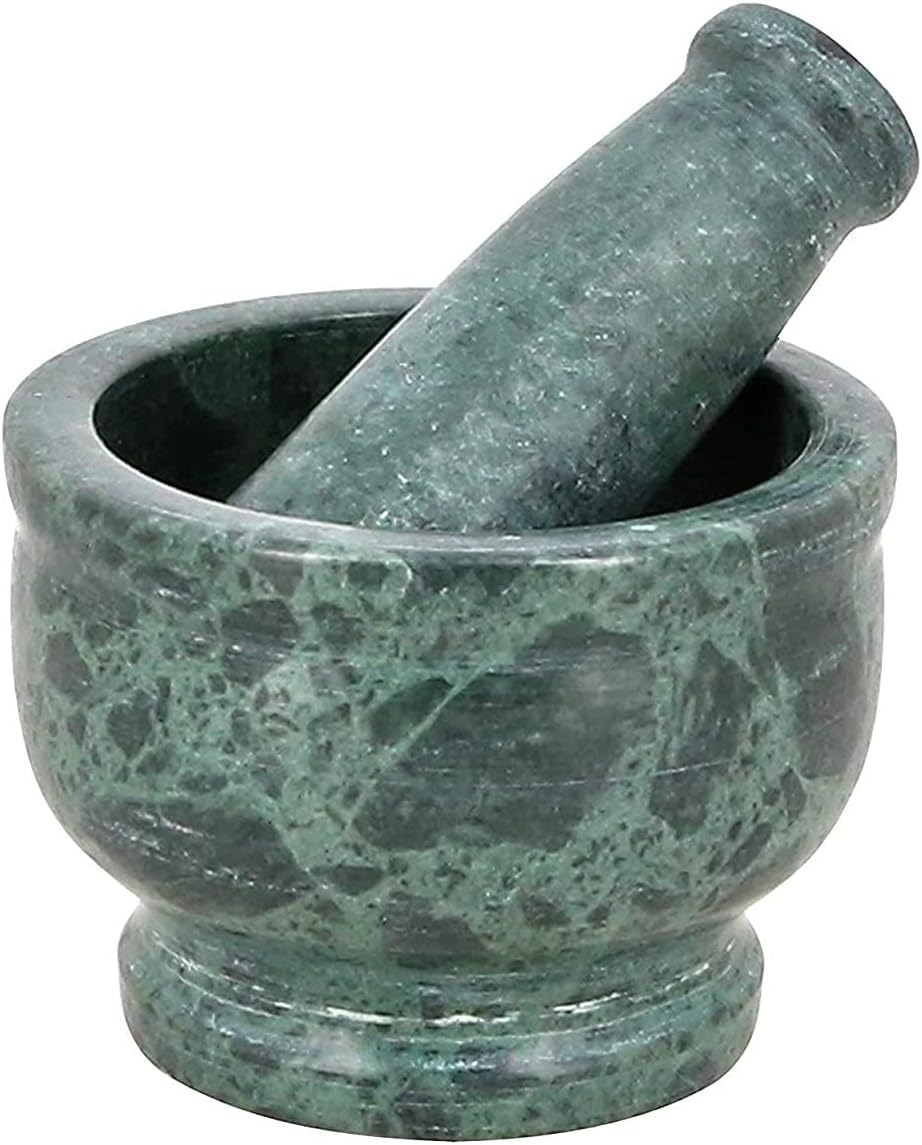 Alvano Mortar and Pestle Set/Ural/Idi Kallu/Okhli/Kharal/Marble Stone Masher for Kitchen to Mash Elaichi, Medicines, Black Pepper, Ginger, Multipurpose Use (4 Inch Green)