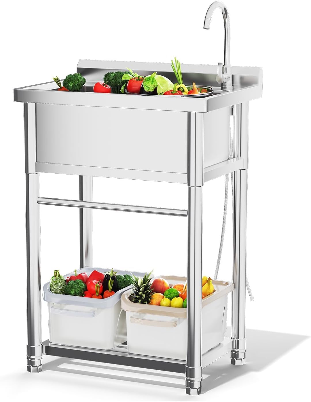YODOLLA freistehend Edelstahl Spültisch mit Wasserhahn, Ablauf & Ablage | Einzelbecken mobiler Gewerbeküchenspüle, multifunktionale Küchenspüle für Outdoorküche, Waschtisch, Restaurant, Garage