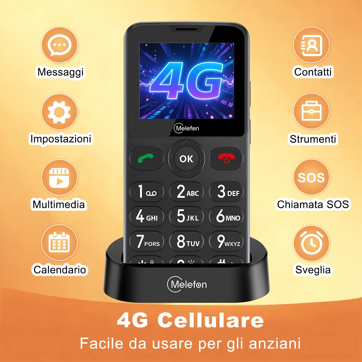 Telefono 4G per Anziani Sbloccato,Tasti Grandi,SOS,Base di Ricarica USB-C | Cellulare semplice per genitori anziani,senza contratto,chiamata rapida,caratteri grandi,audio potente,torcia LED,Bluetooth