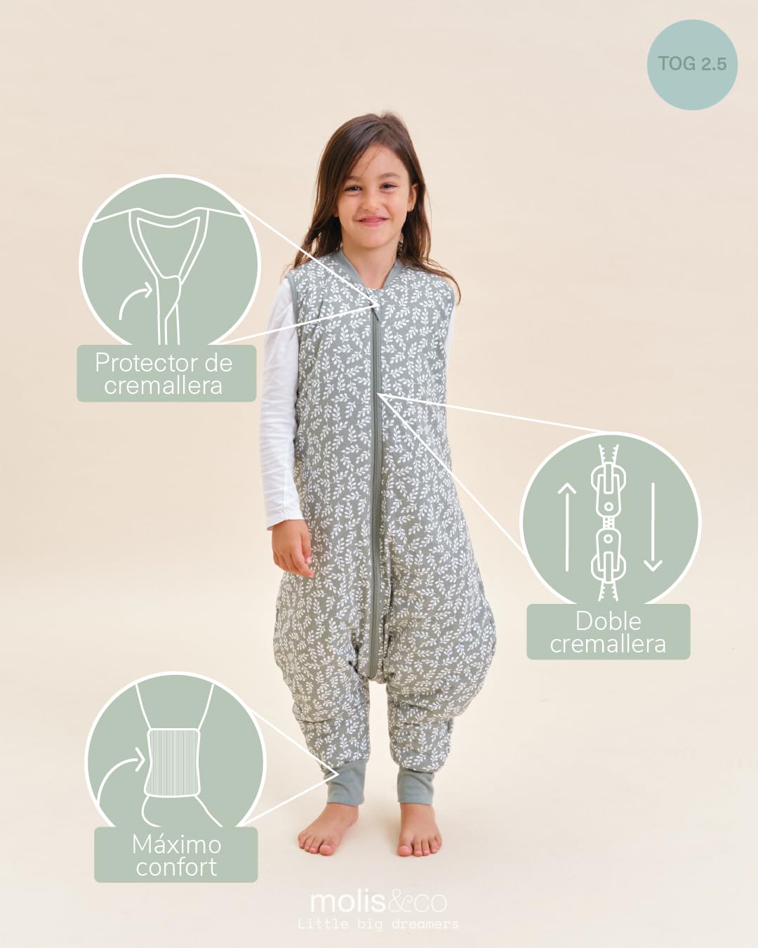 molis&co. Pijama Manta. 2.5 TOG. 2 años. Ideal para Entretiempo e Invierno. Green Garden. 100% algodón.