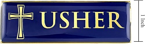 Miniatura 5 de Insignia magnética de metal esmaltado dorado y azul para voluntarios de iglesia o ancianos, 3 pulgadas (paquete de 6, Usher)