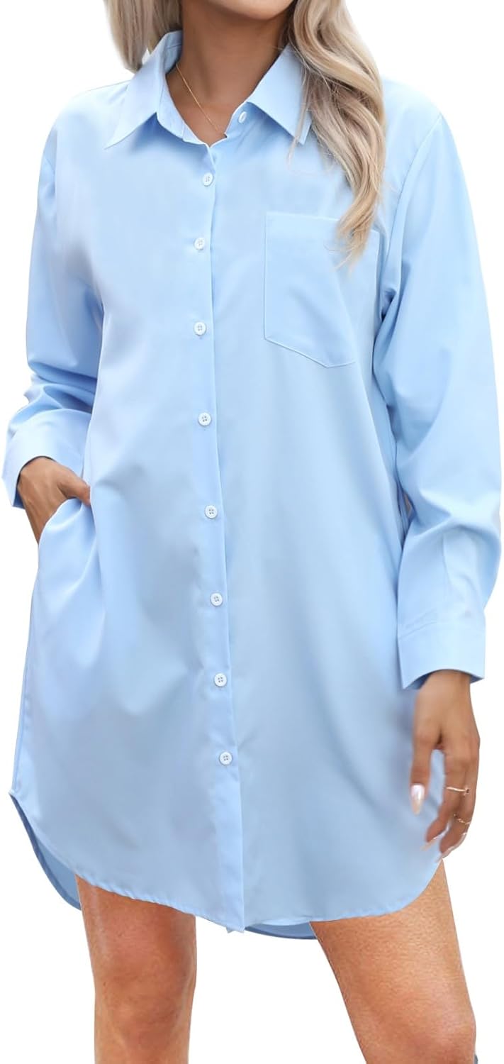 Wowcarbazole Womens Button Down Shirt Dresses Casual Long Sleeve Collared Shirts Oversized Blouse Tops with Pocket