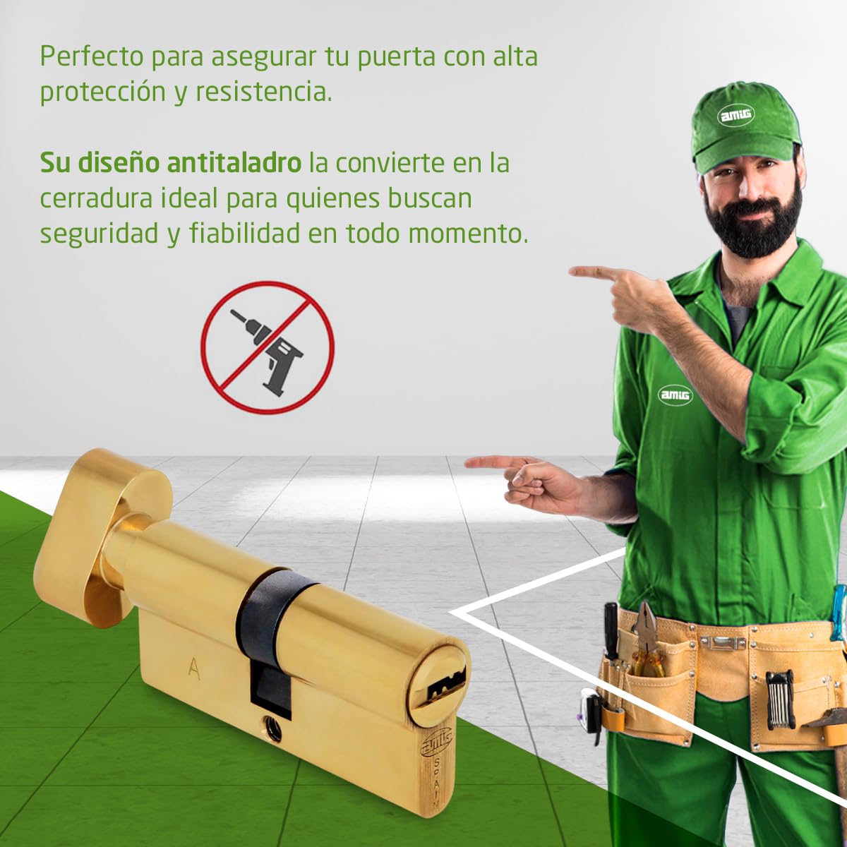 Amig - Cilindro de seguridad con muletilla - Cerradura para puertas - Bombín de Alta Seguridad - Antiganzúa y Antitaladro - Incluye 5 llaves - Pulido - Medidas: 60 (30-30 mm)