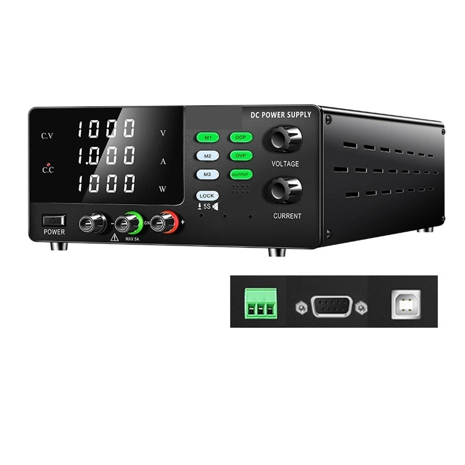 Alimentation CC de laboratoire 1000 V 1 A, puissance variable 1 kW, avec ports RS232, RS485 et USB for onduleur. Contrôle de haute sensibilité