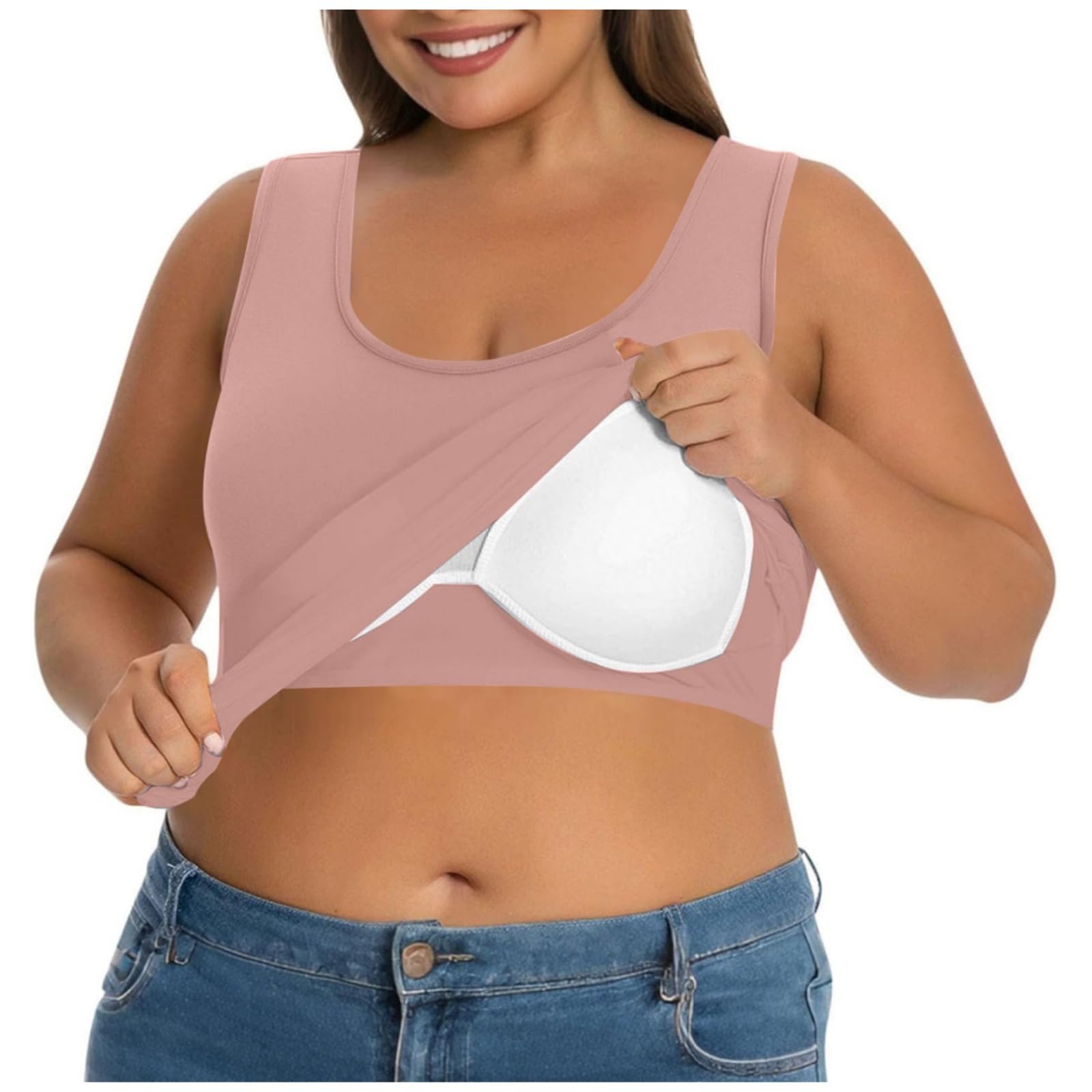 Tank Top Damen BH Hemdchen Ohne Bügel,U Ausschnitt Ärmelloses Shirt Einfarbig Yoga Trägertop,Sommer Oberteil Große Größen Unterhemd mit BH Integriert,Lässige Sporttop Basic Achselshirt für Frauen