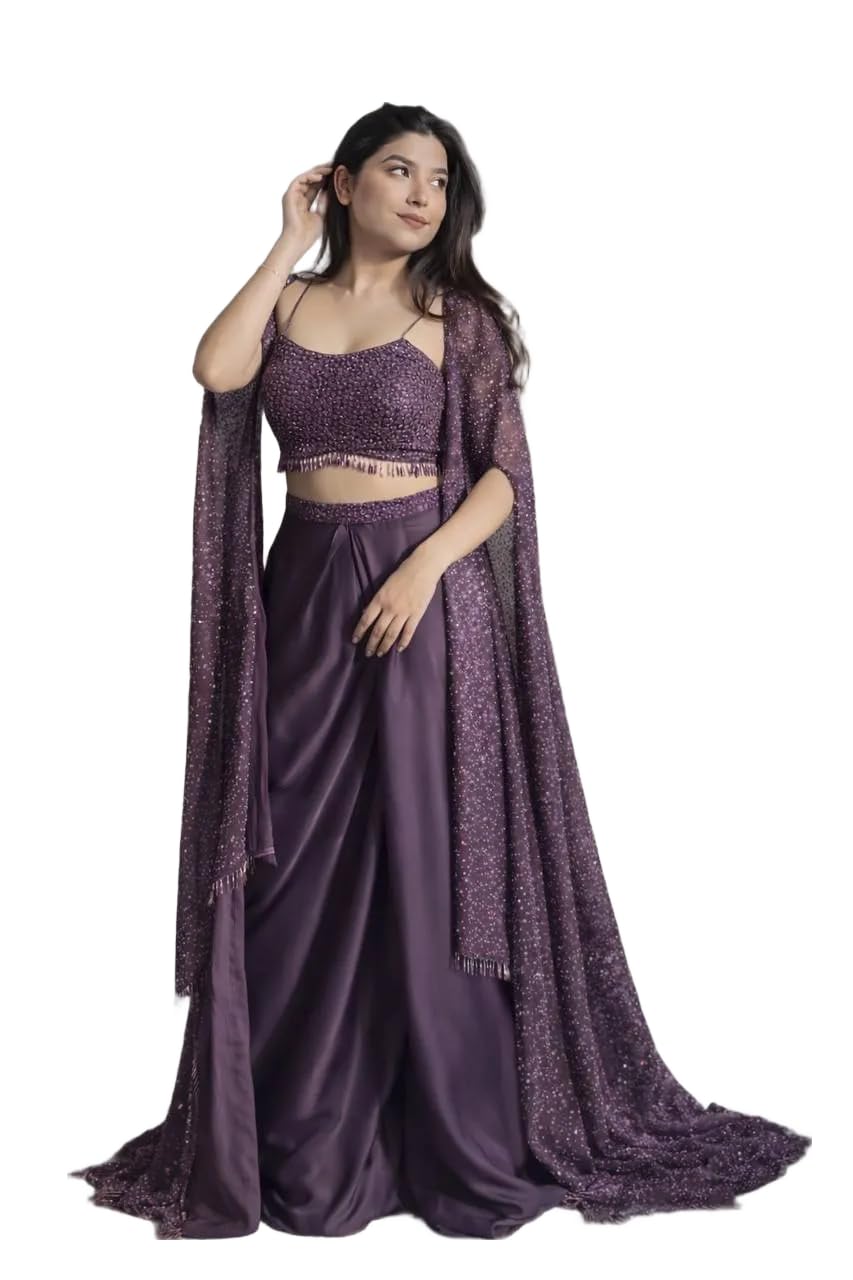Women Indo Western Draped Skirt Dhoti Set with Embroidered Shrug Crepe Silk Outfit with Sequins Work Three Piece Set (Wine Purple)-image-28