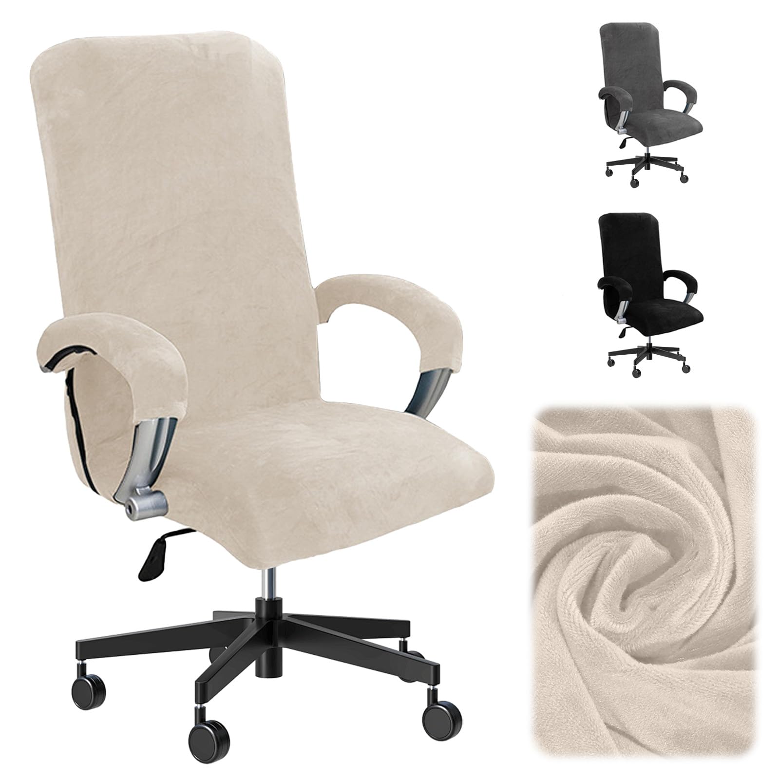 Funda para silla de oficina de terciopelo con reposabrazos, monocolor, color beige, XL