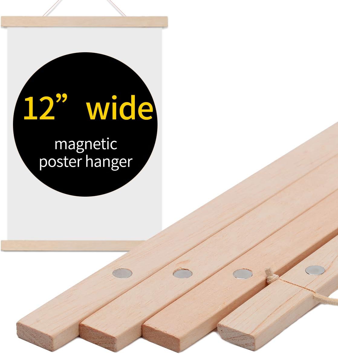 Wiwaplex Magnetic Poster Frame Hanger, 12” Wide Wooden Magnet Frames Hanger for Canvas Artwork Art Print Paper Map Family Kid Photo Picture Wall Hanging (12 Inch)