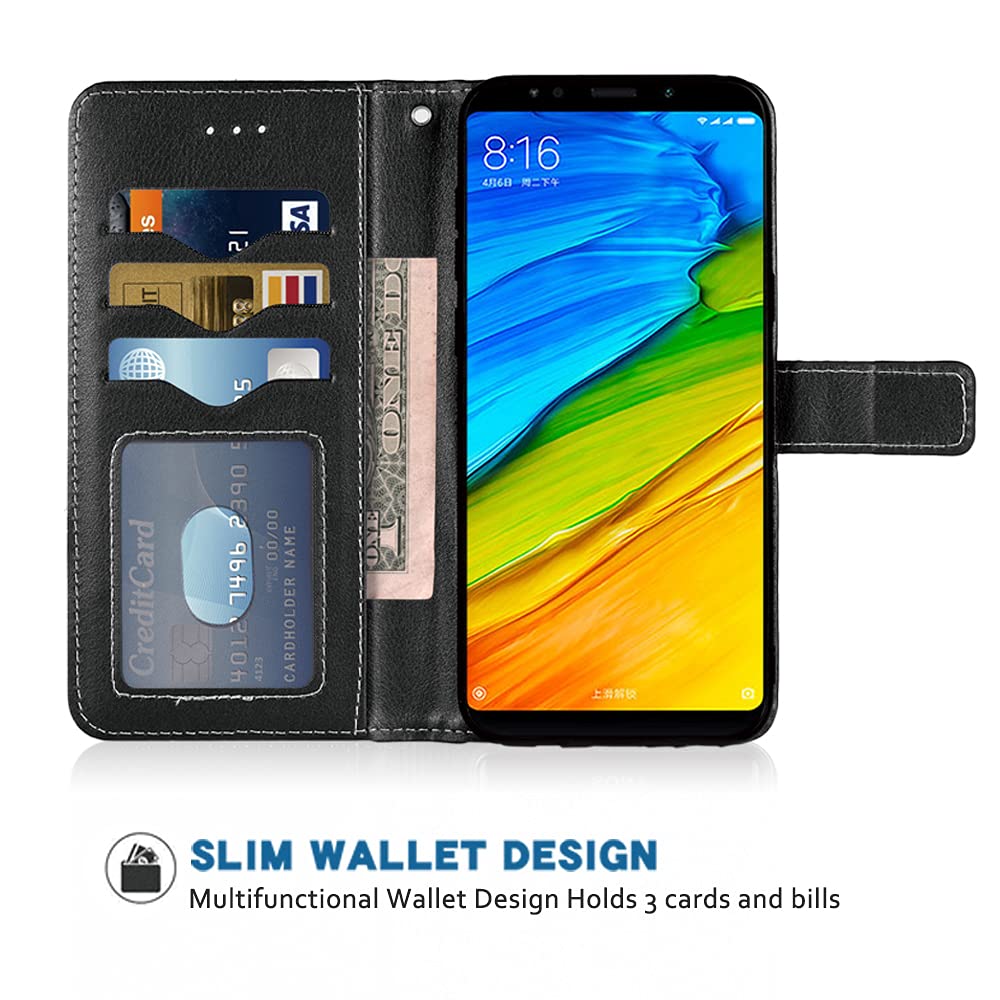 Compatible with Xiaomi Redmi Note 5 Wallet Case Wrist Strap Lanyard Leather Flip Cover Card Holder Stand Cell Accessories Phone Cases for Xiami Xiomis Xiome Xiomi Redmi notet5 Black