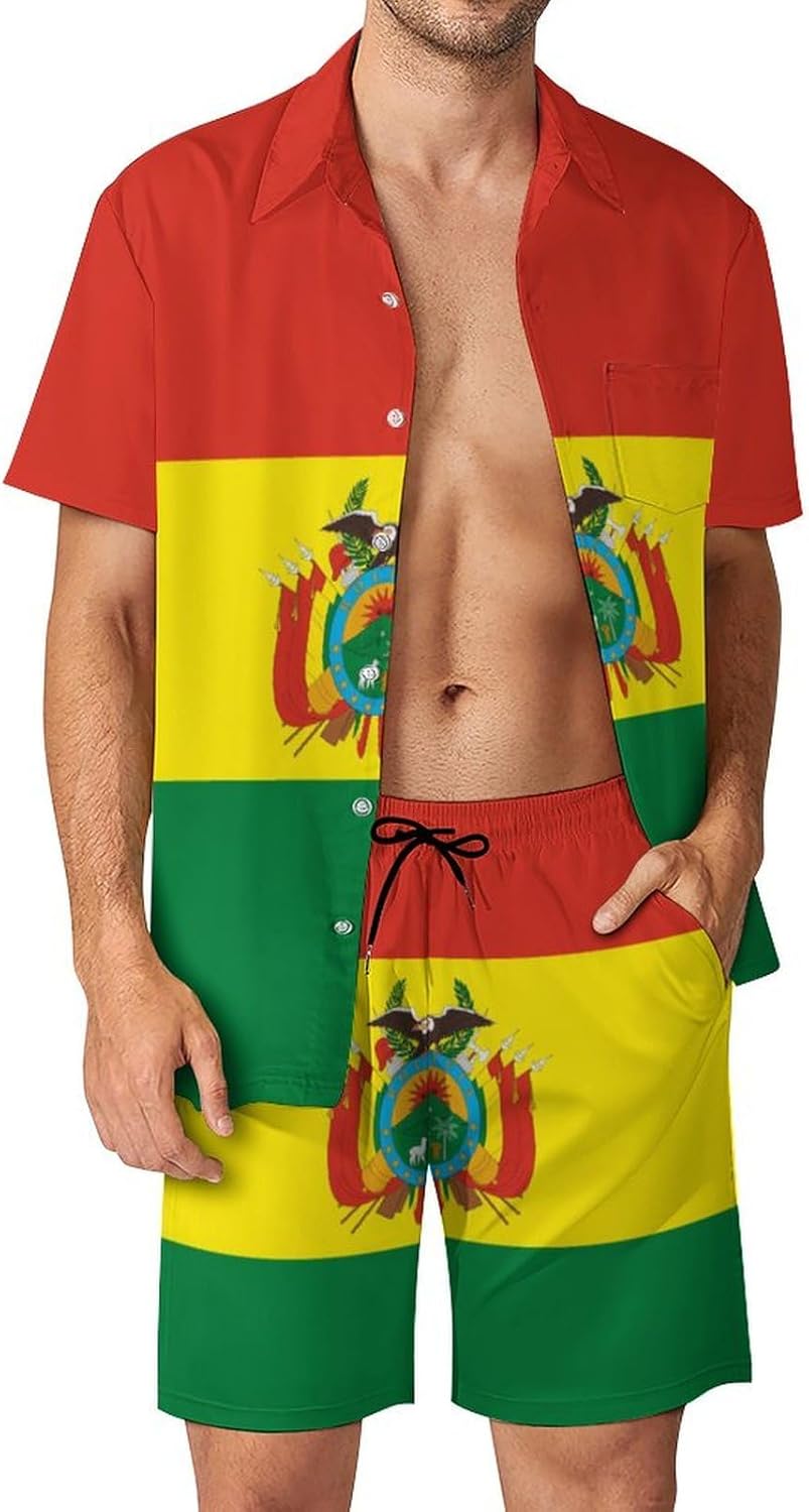 Zakqeik Hawaii Flag Men's Summer Beach 2-Piece Short Sleeve Shirts And Shorts Novelty Vacation Sets for Men
