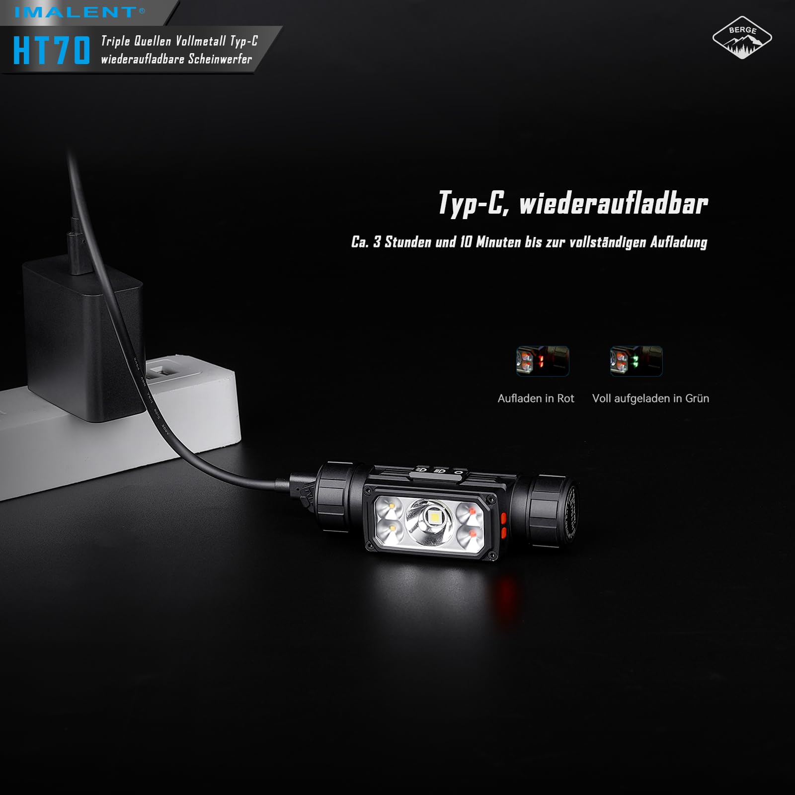 IMALENT HT70 LED Stirnlampe mit 3500 Lumen, 349 Meter Leuchtweite, USB-C Stirnlampe Led Wiederaufladbar 3 Lichtquellen mit Rotlicht 180° Verstellbar fürs Laufen, Angeln, Campen, Notfälle