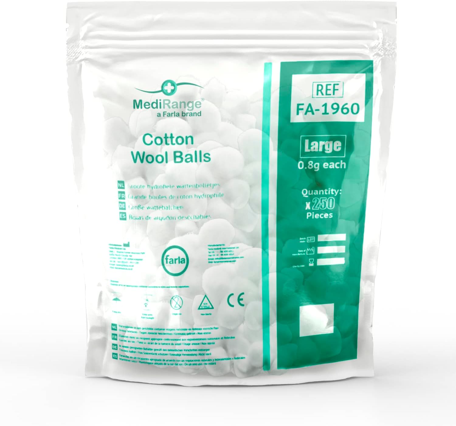 MediRange Large Cotton Wool Balls - 100% Pure Cotton - Lint-Free - for Cosmetic, Healthcare, and Beauty - Pack of 250