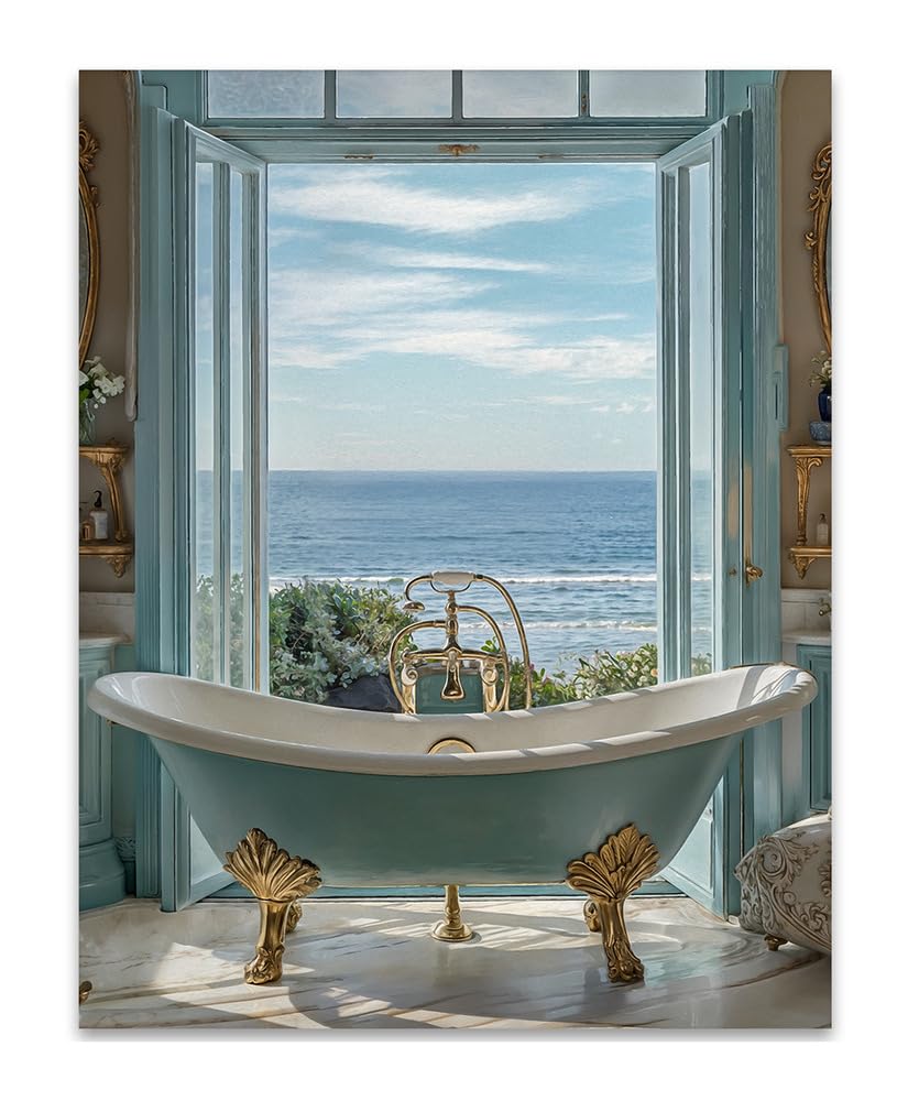 Ocean Breeze Bath Luxury Clawfoot Bathtub Wall Art 18x24 Unframed Poster – Elegant Coastal Bathroom Decor, Serene Ocean View with Gold Accented Tub,