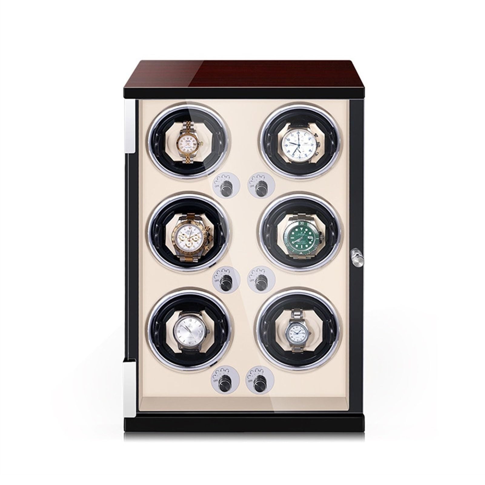 Automatischer Uhrenbeweger für Herren- und Damenuhren, Uhrenrotatorbox für 6 Uhren mit LED-Beleuchtung, leiser Mabuchi-Motor, verstellbare Uhrenkissen, schönes Geschenk, ，Beige Pu-6+0