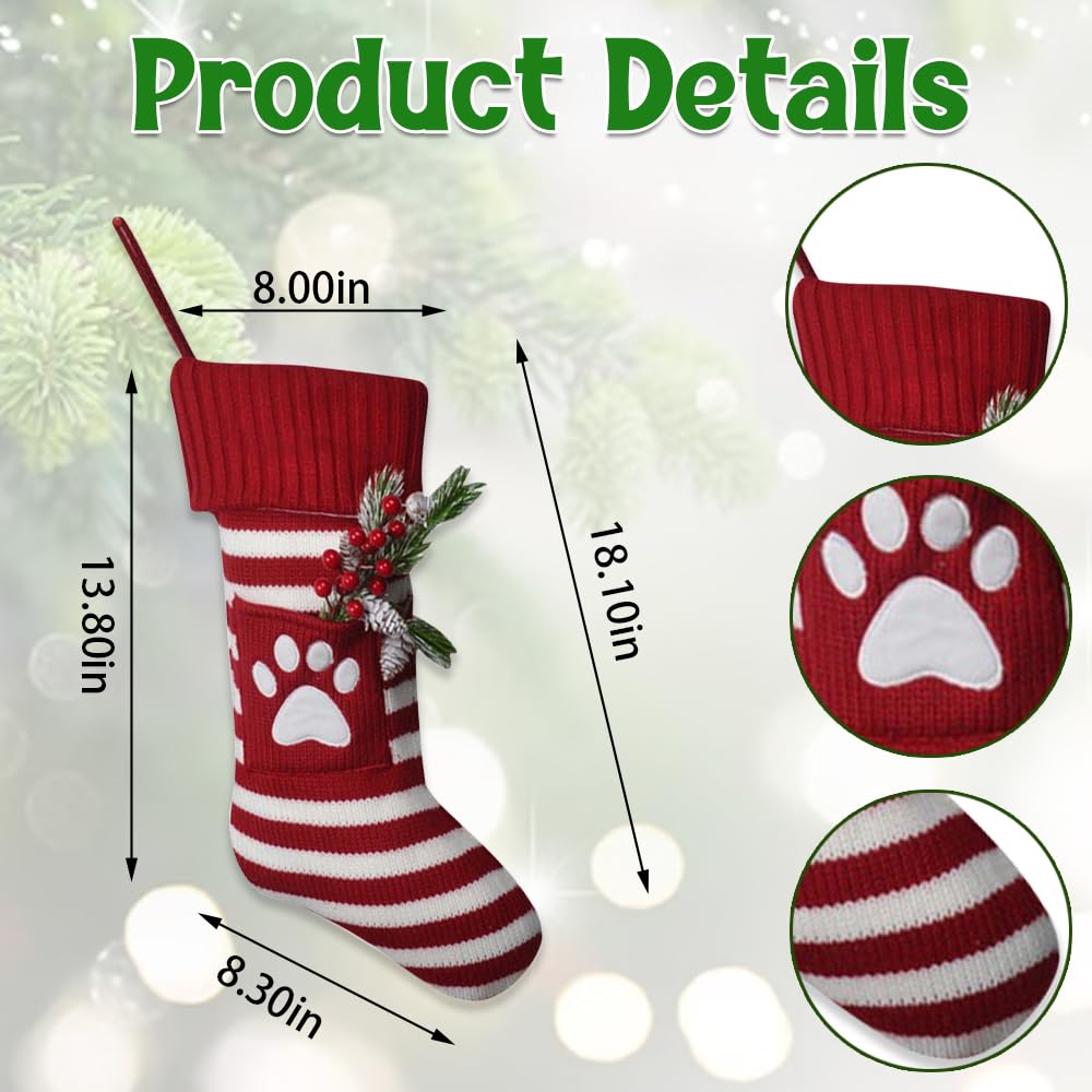 Estivaux Large Christmas Stockings Xmas Fireplace Hanging Stockings Burgundy Red Knit Stocking White Stripes Stockings Gift Holding Bag for Home Christmas Decorations Party Favor Supplies