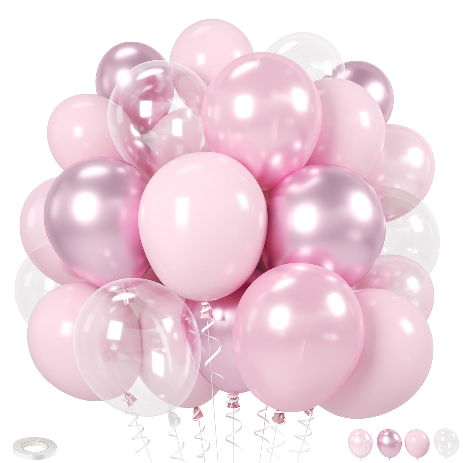 20 Pcs Light Pink Balloon, 12 Inch Pearl Pink Clear and Baby Pink Latex Balloons, Metallic Lilac Pink Balloons for Girls Birthday Party Baby Shower Wedding Decorations