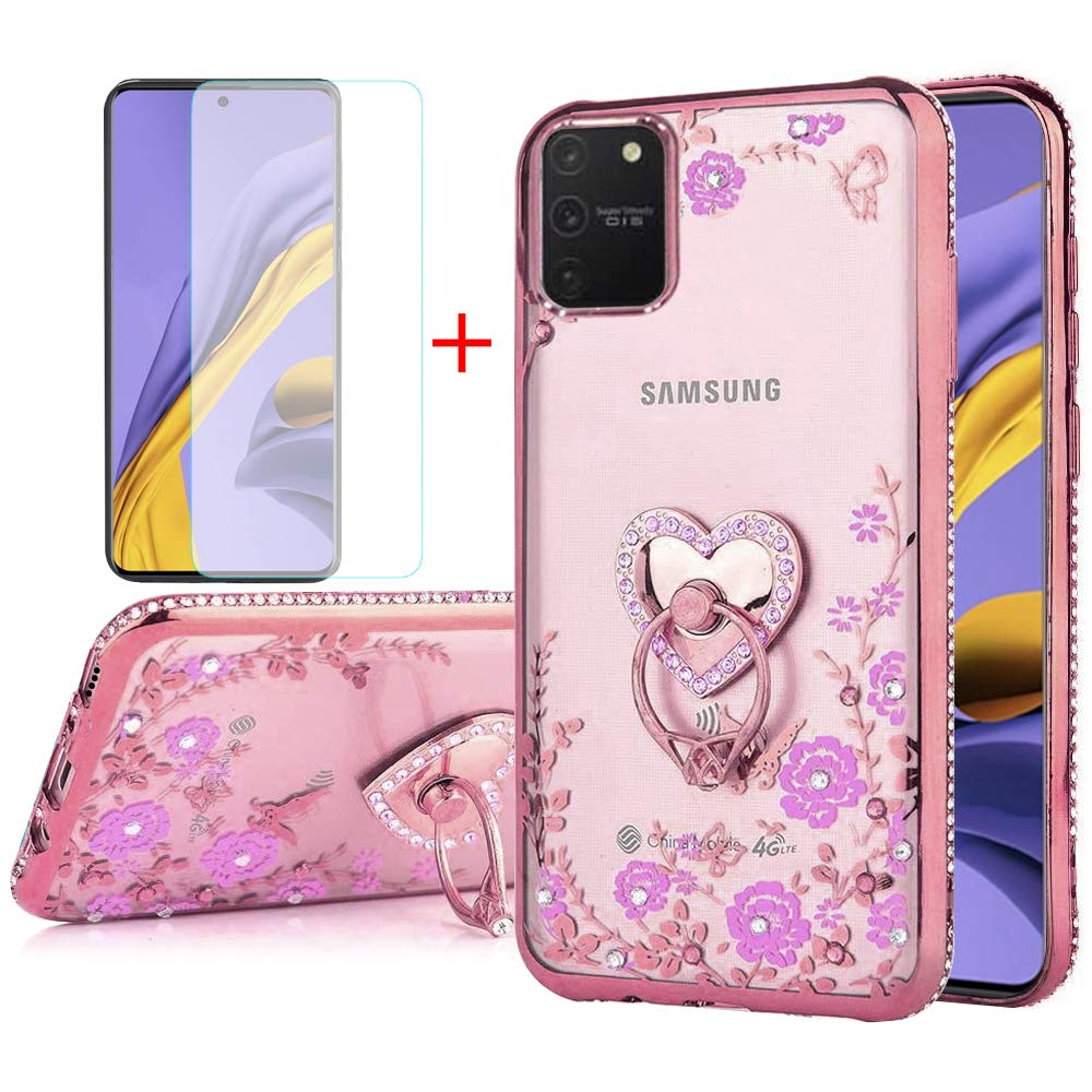 Samsung Galaxy A51 Case 4G Version, Glitter Crystal Butterfly Heart Floral Series-with Tempered Glass Screen Protector Bling Soft TPU Protective Cover Case with Ring Stand Holder Clear Case(Rose Glod)
