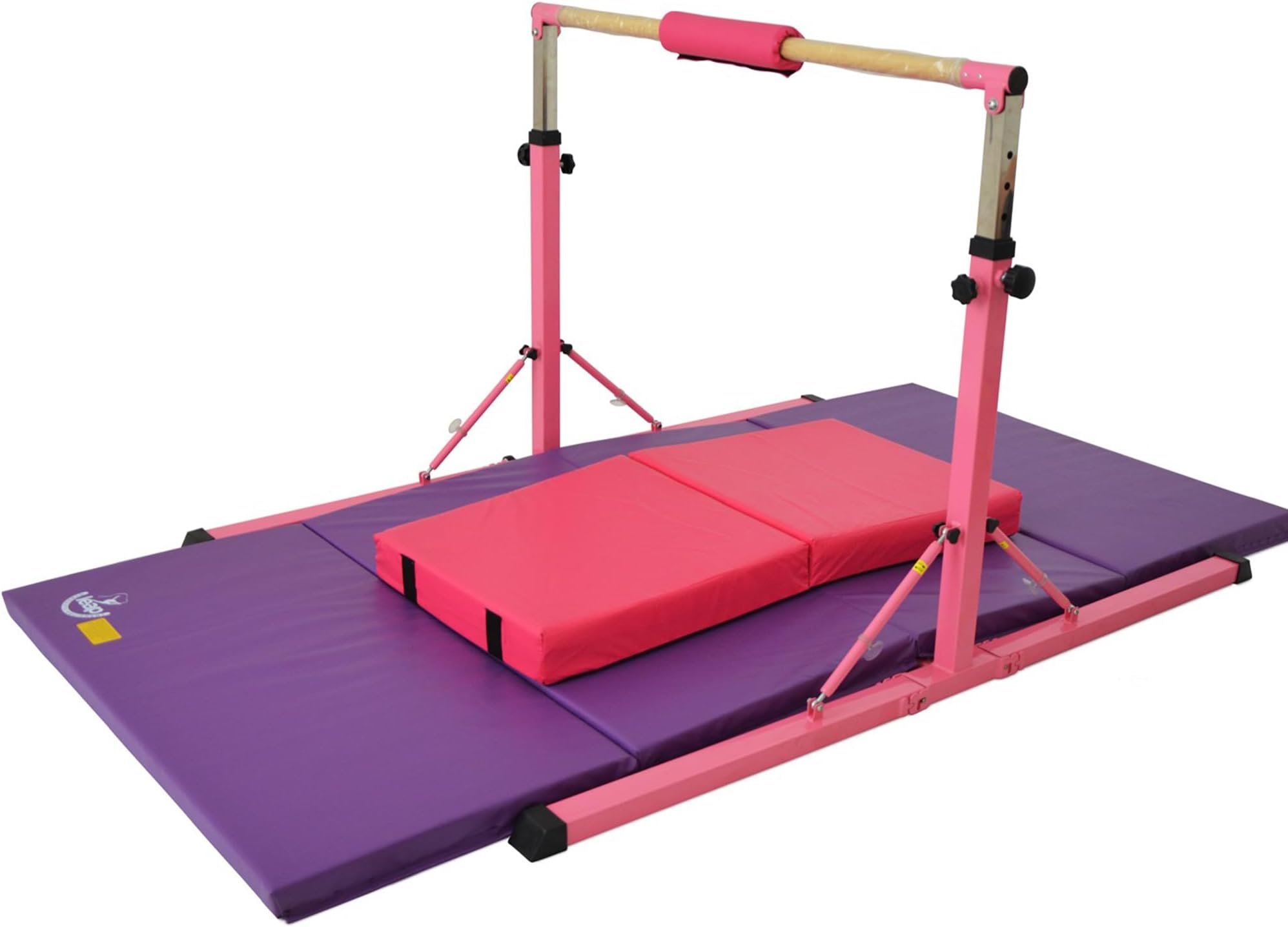 – Junior GymPro Adjustable Gymnastics Bar Kit for Kids with Mats - Foldable Home Gym Equipment with Floor Mat, Crash Mat, and Bar Pad - Training Gym Bar Set for Girls & Boys - Pink