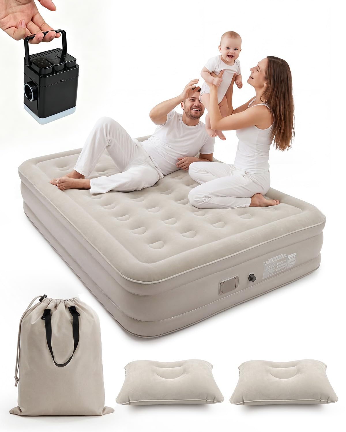 Matelas Gonflable 2 Personnes 203x152x40cm, 40 Chambres d’Air, Surface Floquée Douce, Charge Max 300 kg, Matelas Gonflable avec Sac de Transport et 2 Oreillers, Idéal Invités Maison Camping, Kaki