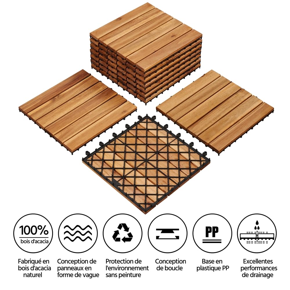 Yaheetech Caillebotis Bois Exterieur 27 PCS, Dalles de Terrasse en Bois d'acacia 30 x 30 cm, Revêtement de Sol Extérieur Intérieur pour Terrasse et Balcon