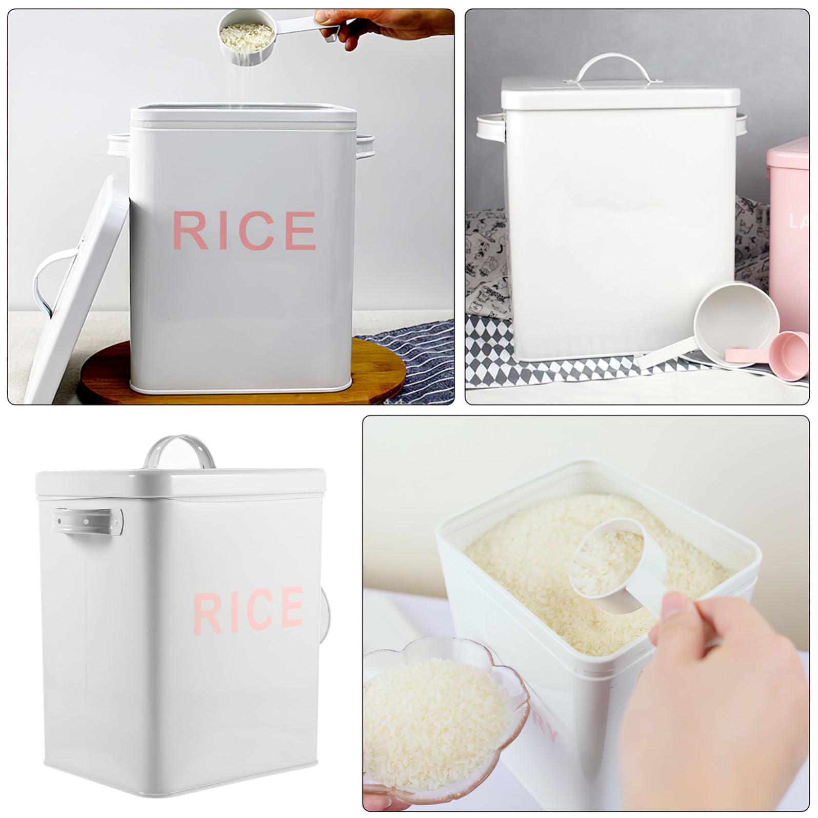YARNOW Secchio di Conservazione per Riso in Lamiera di Ferro Bianco Bordi Lisci e Arrotondati, Contenitore Ecologico per Alimentari per Cucina e Casa